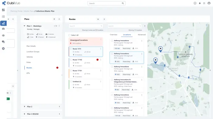 An application UI showing multiple panes and a route higlighted on a map.